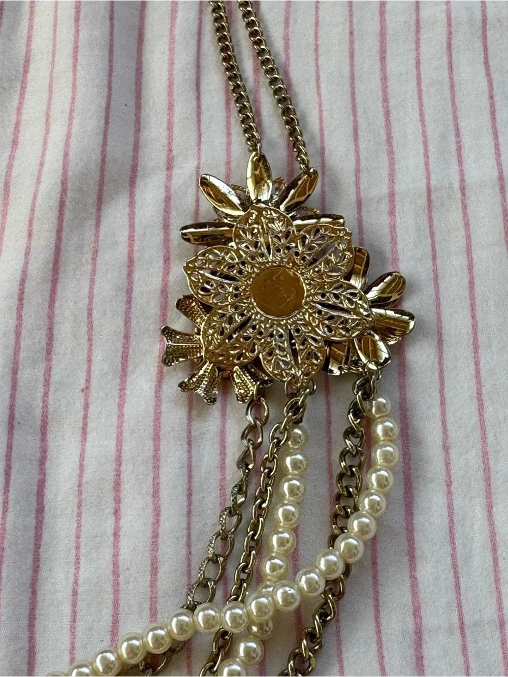 Gold-Tone Multi-Strand Pearl & Chain Necklace with Floral Accent, GUC